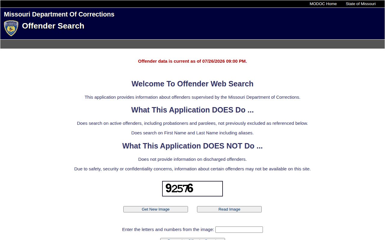 Missouri Department of Corrections offender search fields for Bates County research